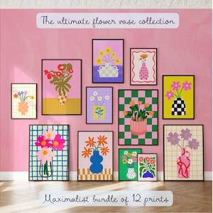 Arte de pared con galería de jarrones de flores, 12 láminas artísticas, conjunto ecléctico, arte de pared de dopamina, arte de pared maximalista, conjunto de arte de pared de flores, impresión preppy