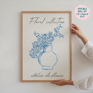 Impresión artística de jarrón de flores lineales, arte de ramo floral azul, impresión floral neutra, arte mural floral botánico, póster de Les Fleurs, impresión de líneas botánicas