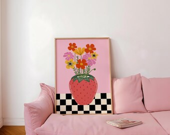 Flower Vase Print, Colorful Flowers Wall Art, Whimsical Wall Decor, Trendy Poster, Dopamine Maximalist Decor (Digital Download)