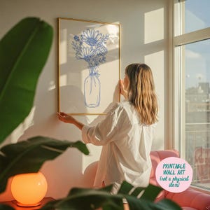 Arte floral de línea fina, ramo floral azul, arte imprimible de moda, arte mural minimalista, impresión de arte mural floral botánico, póster de Les Fleurs
