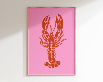Red Lobster Art Print, Seafood Wall Art, Kitchen Art Seafood, Trendy Art Prints, Hot Pink Wall Art, Dopamine Wall Art, Quirky Art Print