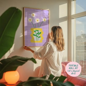 Impresión de florero, colores de dopamina, decoración maximalista, impresiones artísticas de moda, arte floral, impresión artística morada, póster colorido y divertido, descarga digital
