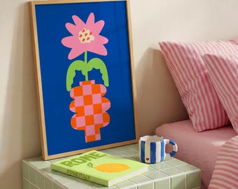 Pink Flower Art Print, Blue Wall Art, Dopamine Maximalist Decor, Modern Trendy Poster, Checkered Vase Print (Digital Download)