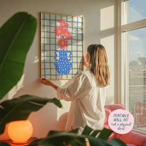 Impresión artística de jarrón de flores para descargar, decoración danesa en tonos pastel, póster de jarrón de flores, colores de dopamina, decoración maximalista, impresiones artísticas de moda