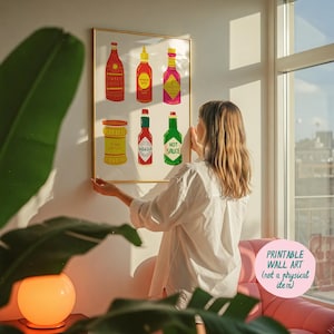 Hot Sauce Kunstdruck, trendige Wandkunst, Küchen Wandkunst, Tabasco Wandkunst, Chili Poster, Girly Küchendekoration, Gewürze Wandkunst