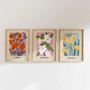 Conjunto de 3 impresiones artísticas florales, arte botánico, arte floral, póster de amapolas, póster de flores, arte de pared de moda, impresiones botánicas, impresiones florales, impresión de flores