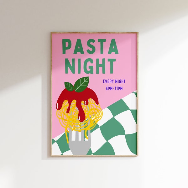 Pasta Nacht Kunstdruck, Pasta Wandkunst, Pasta Lover Club Druck, Spaghetti Wandkunst, gezeichnete Pasta Druck, Küchen Wandkunst, Pasta Liebhaber Kunst