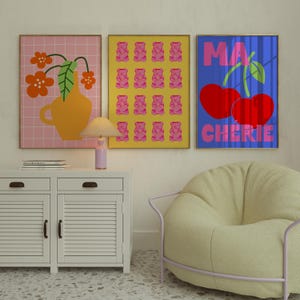 Arte mural ecléctico y divertido, juego de 3 láminas, arte mural moderno, arte mural de dopamina, decoración maximalista, lámina de florero, lámina de Ma Cherie
