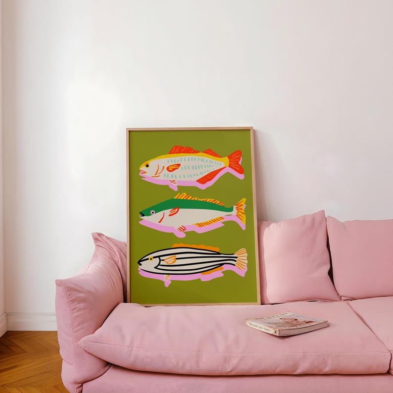 Colorful Fish Art Print, Seafood Wall Decor, Sardines Print, Dopamine Decor, Fun Eclectic Wall Art, Whimsical Art (Digital Download) image 1