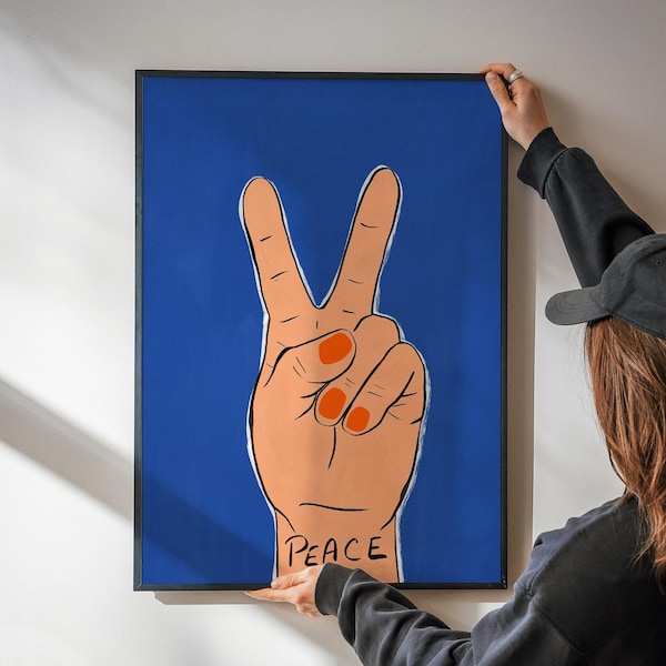 Peace Sign Hand Art Print, Danish Preppy Room Decor (Digital Download)