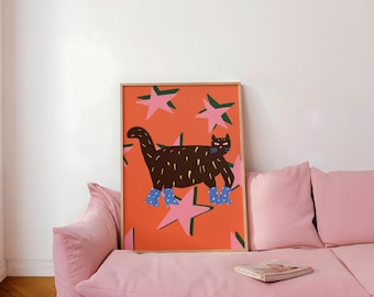 Quirky Cat Print, Dopamine Decor Wall Art, Maximalist Animal Poster, Whimsical Decor, Funky Animal Poster, Digital Download