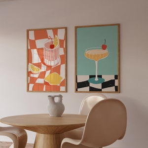 Arte mural de cócteles, juego de 2 láminas, póster retro de cócteles, lámina de happy hour, arte mural de happy hour, arte mural moderno, arte mural imprimible