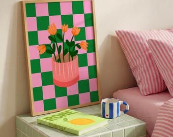 Flower Vase Art Print, Dopamine Decor, Maximalist Wall Art, Pink and Green Checkered Decor (Digital Download)
