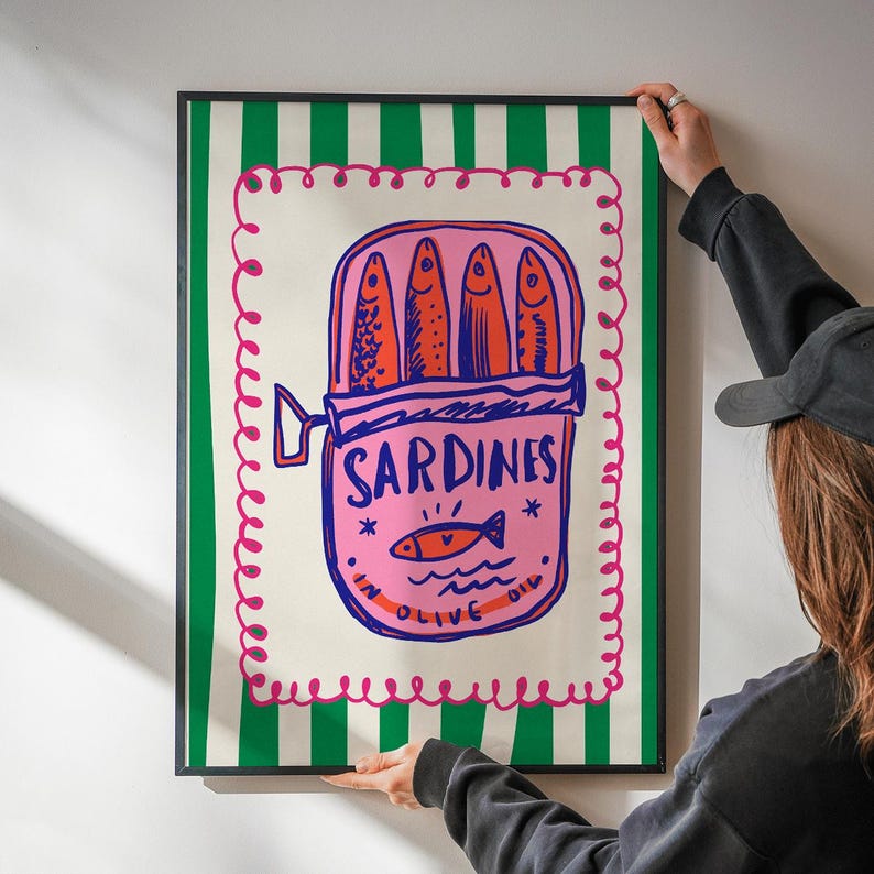 Färgglad sardintavla, väggkonst med skaldjur i köket (digital nedladdning) bild 5