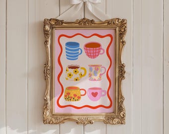 Lámina decorativa de tazas de té, arte mural con tazas originales, lámina de tazas bonitas, decoración de cocina rosa, arte para el rincón del café (descarga digital)