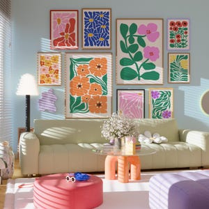 Florale botanische Kunstdrucke, 9er-Set Drucke, helle abstrakte Blumendruck, abstrakte Blumenwandkunst, Retro Blumenkunst, Boho botanische Kunst
