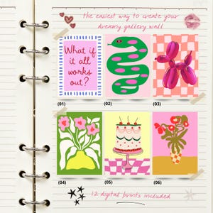 May include: Six vibrant digital prints are shown, including a pink balloon dog and a green snake design. The prints are displayed on a notebook page with the text "What if it all works out?" and "the easiest way to create your dreamy gallery wall."