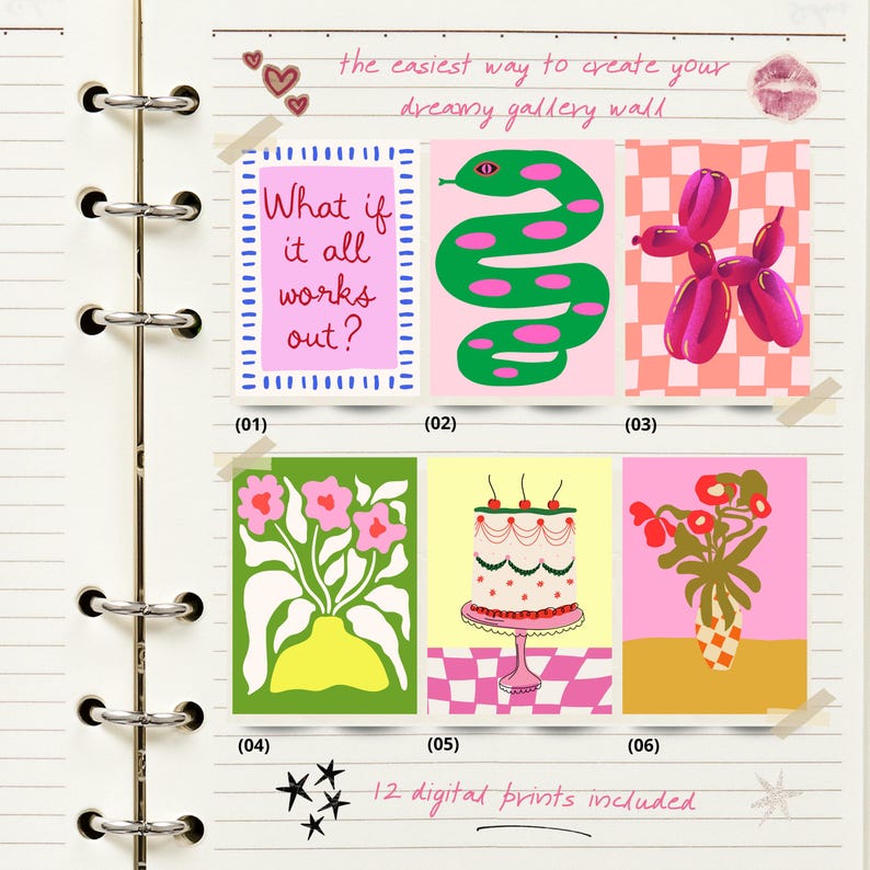 May include: Six vibrant digital prints are shown, including a pink balloon dog and a green snake design. The prints are displayed on a notebook page with the text "What if it all works out?" and "the easiest way to create your dreamy gallery wall."