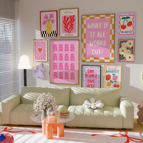 Eclectic Gallery Wall Art Set, Pink Preppy Prints (digital