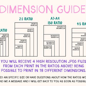 May include: Print size dimension guide showing ratios: 3:4, 2:3, A1-A4 ISO, and 4:5. Measurements are in inches and cm. Text states you will receive 4 high-resolution JPEG files for printing in 18 sizes.