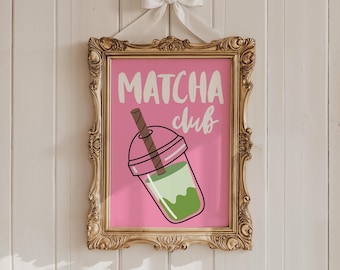 Lámina artística de Matcha Club, decoración para cafetería, arte mural de matcha, para amantes del matcha, decoración estética para el hogar, lámina rosa estilo preppy de matcha (descarga digital)