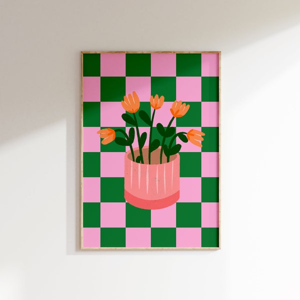 Flower Vase Art Print for Download, Danish Pastel Decor, Pink and Green Wall Art, Dopamine Colors, Maximalist Decor, Trendy Art Prints