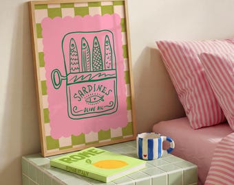 Lámina decorativa con diseño de lata de sardinas coloridas para la pared de la cocina (descarga digital).