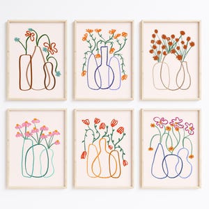 Arte mural con líneas de jarrones, juego de 6 láminas, impresión botánica, póster minimalista de flores, arte mural moderno, descarga de láminas artísticas, Les Fleurs