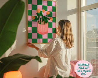 Flower Vase Art Print, Danish Pastel Decor, Pink and Green Wall Art, Dopamine Colors, Maximalist Decor, Trendy Art Prints, Checkered Print