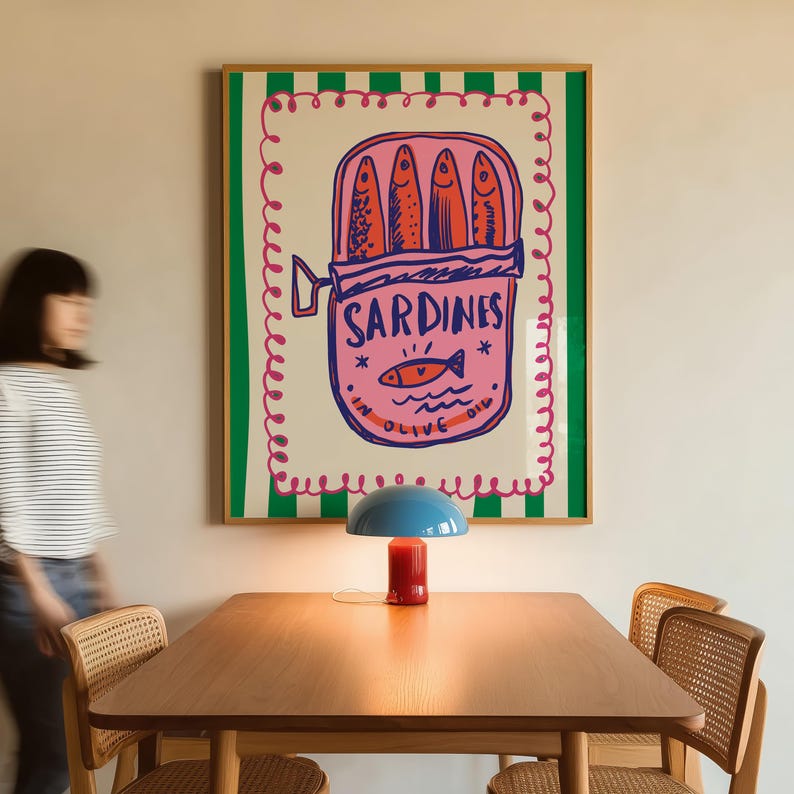 Färgglad sardintavla, väggkonst med skaldjur i köket (digital nedladdning) bild 2