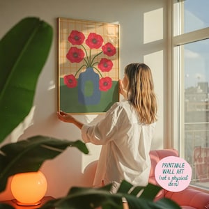 Lámina de florero para descargar, decoración danesa en tonos pastel, póster de florero, colores de dopamina, decoración maximalista, láminas artísticas de moda, amapolas