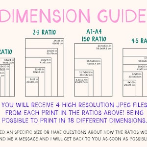 May include: A dimension guide for printable art, showing different ratios and sizes in inches and centimeters. The ratios include 3:4, 2:3, A1-A4 ISO, and 4:5. The guide states that you will receive 4 high-resolution JPEG files from each print in the ratios above, making it possible to print in 18 different dimensions.