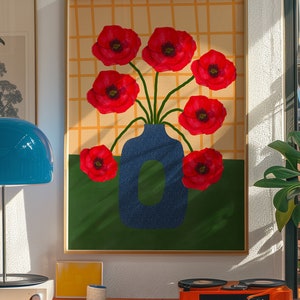 May include: A painting of a blue vase with red poppies on a yellow and green background.