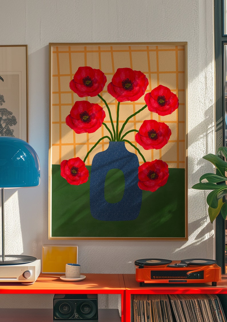 May include: A painting of a blue vase with red poppies on a yellow and green background.