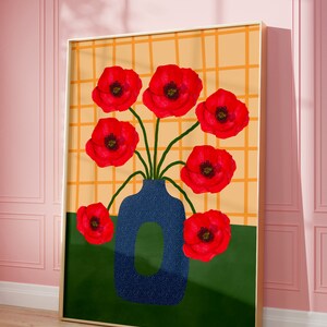 May include: A painting of a blue vase with red poppies against a yellow and orange grid background.