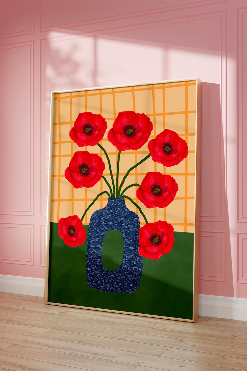May include: A painting of a blue vase with red poppies against a yellow and orange grid background.