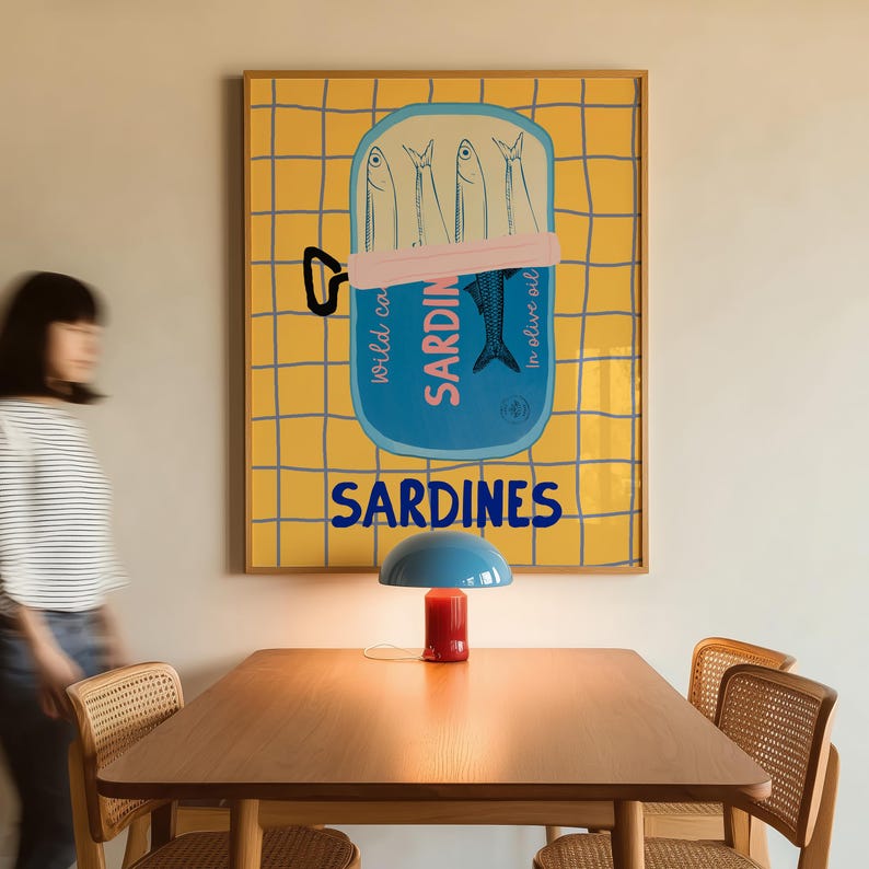 Sardines Art Print, Colorful Seafood Kitchen Wall Art (Digital Download) image 1
