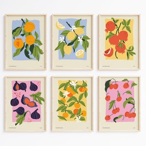 Mur de galerie de fruits, lot de 6 impressions, art botanique fruitier, ensemble d'affiches de fruits, dessin esthétique de fruits, impression de citron, art de cuisine coloré
