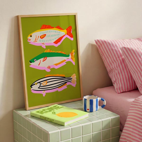 Lámina artística de peces coloridos, decoración de pared de mariscos, lámina de sardinas, decoración con temática de dopamina, arte de pared ecléctico y divertido, arte caprichoso (descarga digital)