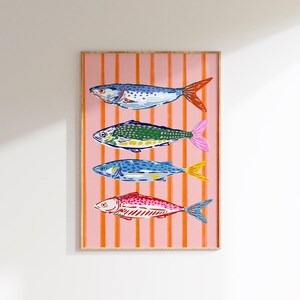 Colorful Fish Art Print, Seafood Wall Decor, Sardines Print, Dopamine Decor, Fun Eclectic Wall Art, Whimsical Art (Digital Download) image 10