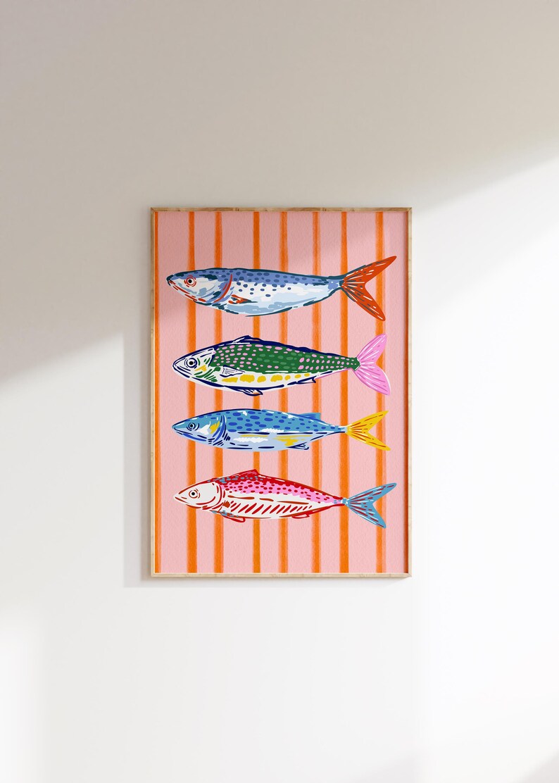 Colorful Fish Art Print, Seafood Wall Decor, Sardines Print, Dopamine Decor, Fun Eclectic Wall Art, Whimsical Art (Digital Download) image 10