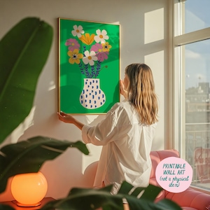 Impresión artística de florero, impresiones florales, decoración maximalista, póster de dopamina, descarga digital, arte mural moderno, póster de florero, arte mural verde