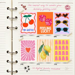 May include: A set of 12 digital prints with diverse designs. Includes a cherry illustration with "MA CH&Eacute;RIE" text, dice with "FEELING LUCKY", sunglasses, a heart design, lemons, and gummy bears. The prints are displayed in a notebook.