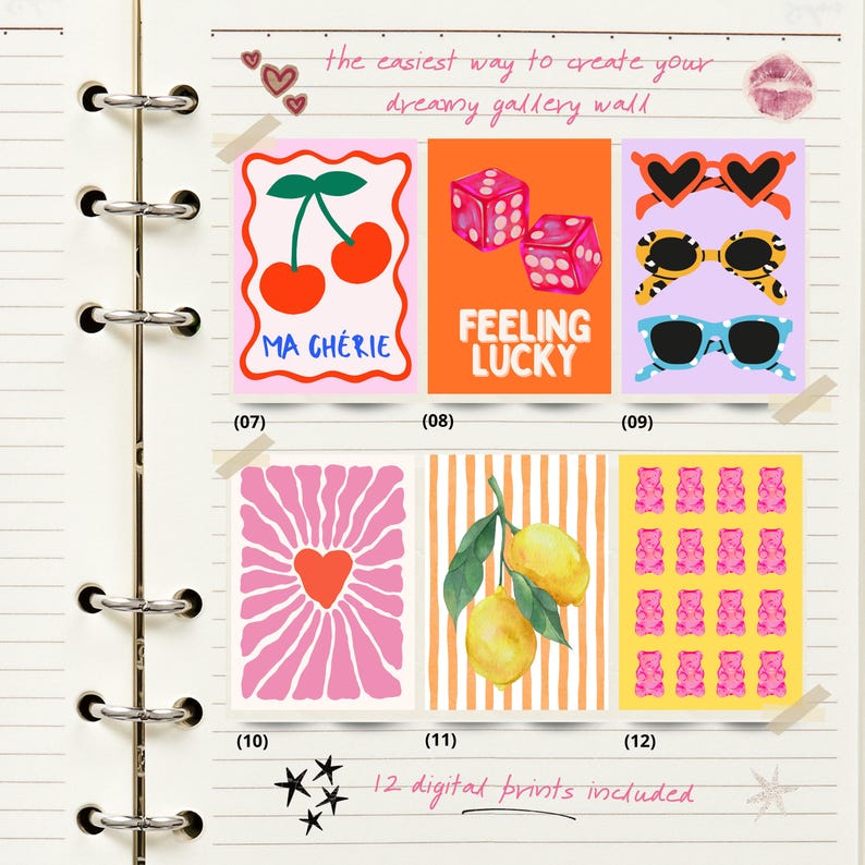 May include: A set of 12 digital prints with diverse designs. Includes a cherry illustration with "MA CH&Eacute;RIE" text, dice with "FEELING LUCKY", sunglasses, a heart design, lemons, and gummy bears. The prints are displayed in a notebook.