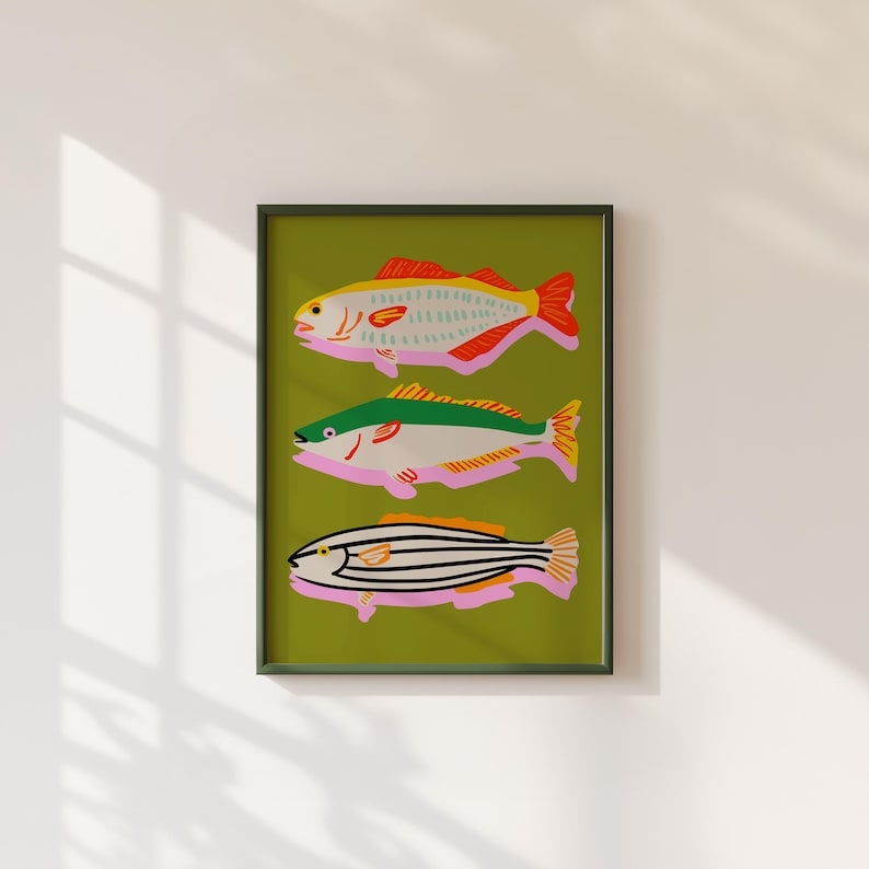 Lámina artística de peces de colores, decoración de pared de mariscos, lámina de sardinas, decoración de dopamina, arte mural ecléctico y divertido, arte caprichoso (descarga digital) imagen 10