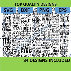 Puede incluir: Una hoja de diseño digital con 84 diseños diferentes, incluyendo frases como "Wipe it", "Good Vibes", "Ready Aim Fire", y "This is our goal". Los diseños están en texto negro sobre fondo blanco.