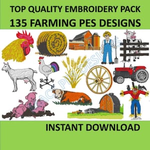On the Farm Embroidery files instant download 135 PES designs Machine cow sheep pig dog tractor scarecrow farmers embroidery pack