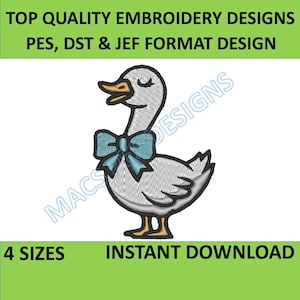 Cute Silly Goose Mini four Sizes Machine Embroidery Design, Lovely Goose with Big Bow Multiple Size Embroidery File | cute Design dst jef