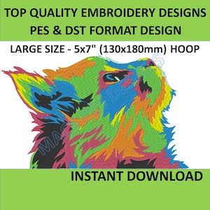 May include: Colorful embroidery design of a dog's head, in a 5x7 inch hoop, for use with embroidery machines. The design is in PES and DST formats.  The design is available for instant download.