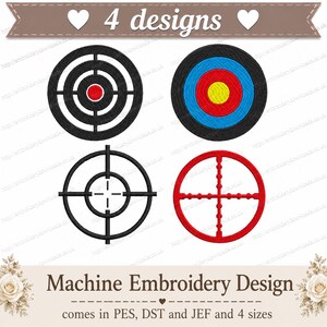 May include: Four machine embroidery designs featuring target and crosshair motifs. The top left is a black circular target, top right is a multi-colored target, bottom left is a black crosshair, and bottom right is a red crosshair design.